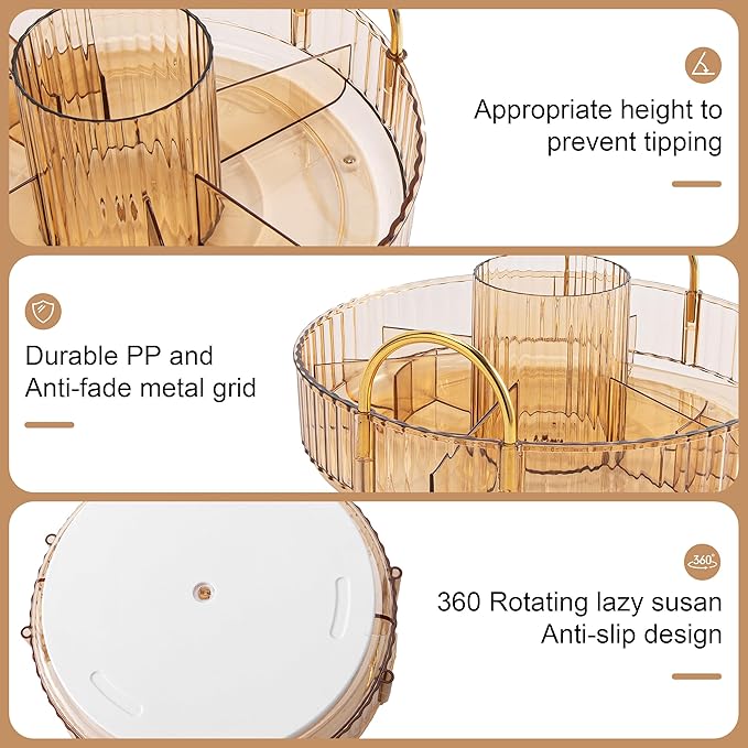 YCIA&DONE Rotating Makeup Organizer for Vanity, Large Capacity Make Up Storage Skin care Shelf Perfume Holders Cosmetic Dresser Organizer Countertop Spinning 360 (Amber Gold, 3Tiers)