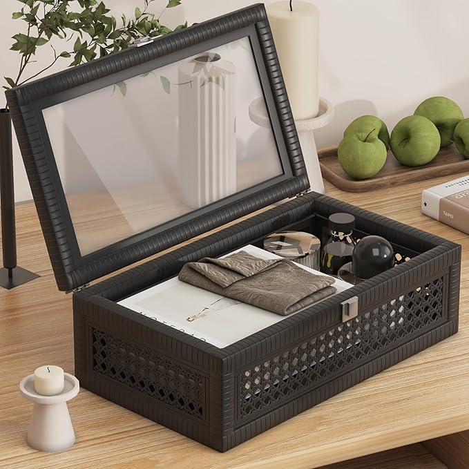 Rattan Decorative Box,Boho Display Boxes with Lids,Set of 2 Rectangular Wicker Storage Decoration,Natural Woven Cane Bins for Home Decor for Rustic Farmhouse(Black)