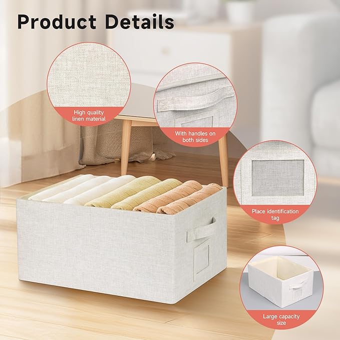 Large 17''x12'' Quart Collapsible Stackable Storage Bins with Lids, 2 Packs Off White Fabric Closet Boxes with Lids, Storage Cube Baskets Container Organizers for Bedroom Office(17''x12.2x''8'')