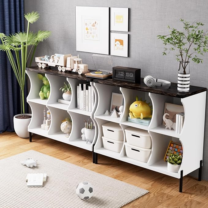 6 Cube Storage Shelf Organizer, Low Book Shelf Bookcase Entryway Table, Wood Closet Storage Display Cabinet TV Stand for Living Room, Office,Bedroom, Dorm, White with Dark Brown Top
