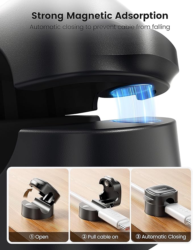 12 Pack Magnetic Cable Clips – Cord Organizer & Holder, Toocki Adhesive Cable Management, Wire Holder for USB Charging Cables, Ideal for Home, Office, Car, Desk, and Nightstand-Black
