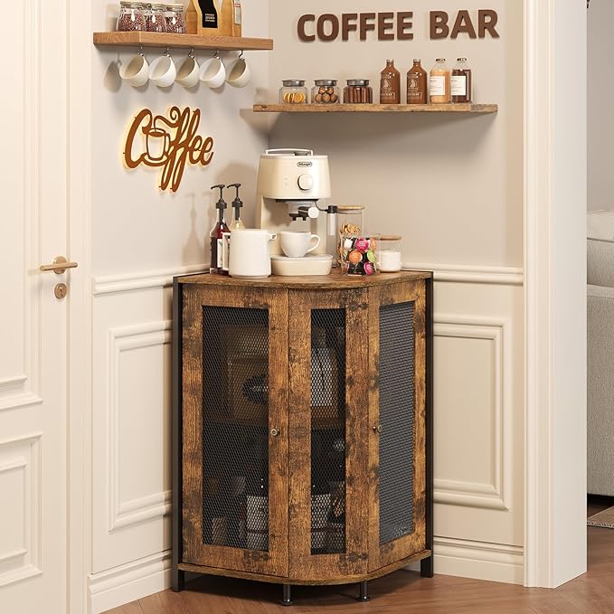 JKsmart Corner Storage Cabinet with Open Shelf, 3-Tier Industrial Wine Bar Shelf with Door, Industrial Corner Cabinet for Kitchen, Living Room, Dining Room, Rustic Brown