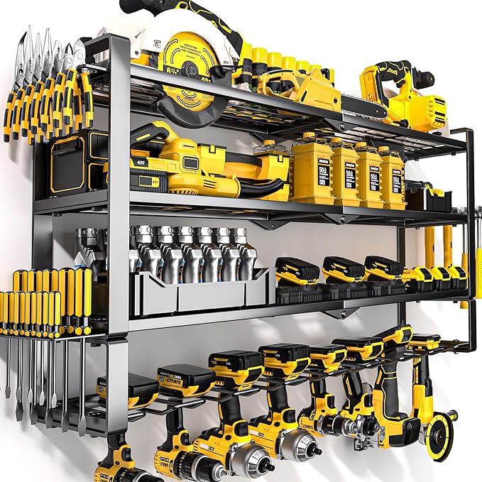 Large Power Tool Organizer Wall Mount, Heavy Duty Metal Tool Storage Rack Loads 400lbs, 8 Cordless Drill Holder 4 Layer, Battery Tools Hanger with Charging Station Shelf for Garage Organization