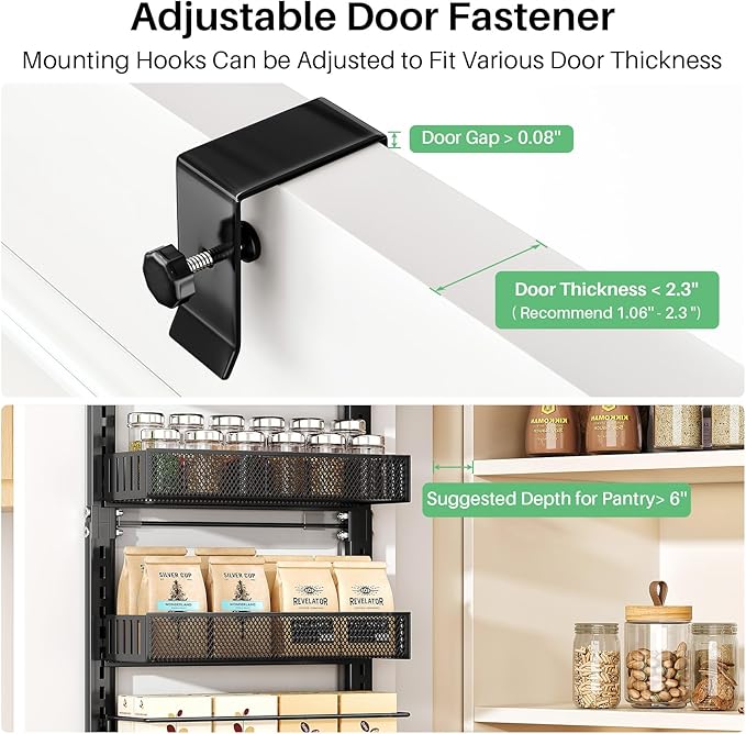 SNTD Over the Door Pantry Organizer - 8 Tier Adjustable Pantry Door Spice Organizer, Large Capacity Hanging Door Spice Rack for Kitchen Pantry Organizers and Storage (Black, 12.3" W x 4.7" D x 69" H)