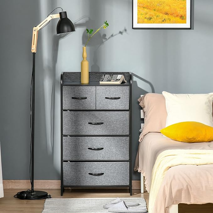 HOMCOM 5-Drawer Fabric Dresser Tower, 4-Tier Storage Organizer with Steel Frame for Hallway, Bedroom and Closet, Grey