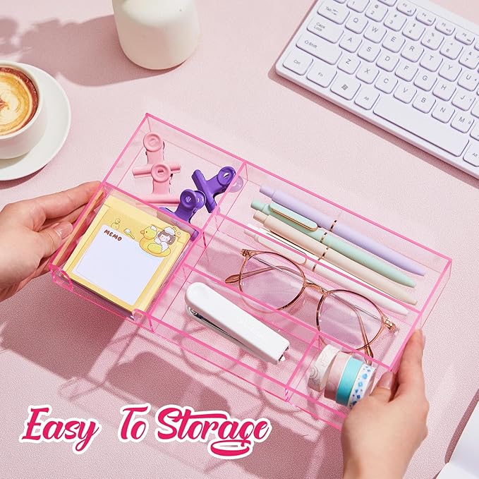 Translucent Pink Acrylic Desk Drawer Organizer 11 x 6.1 x 1.38 Inch Storage Tray Organizer for Pens, Stationery, Desktop, Office, Bathroom, Kitchen, Makeup Supplies (6 Compartments)