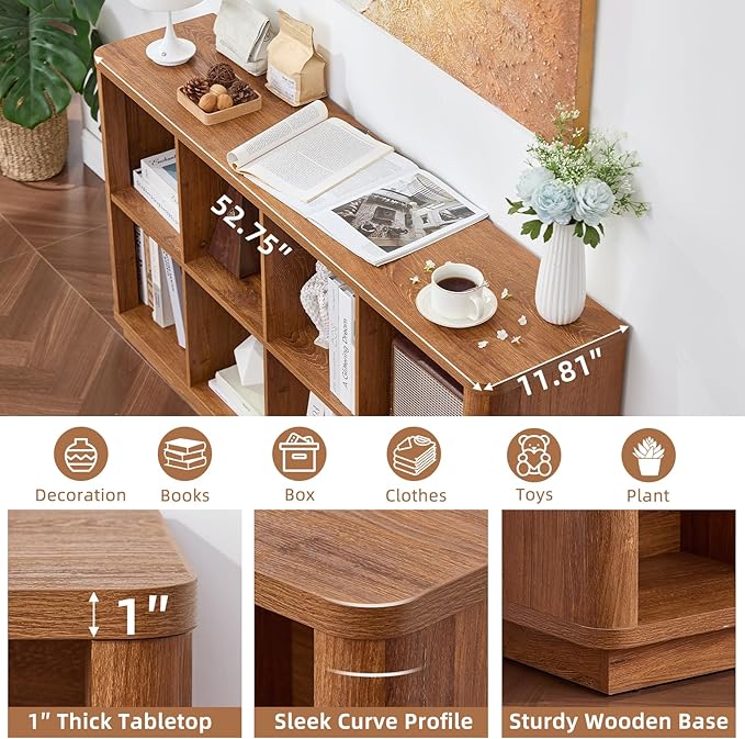 8 Cube Storage Book Shelf, 52" Long Horizontal Bookshelf with Curved Edge, Floor Standing Wooden Cubby Bookcase with Base, Low Modern Console Book Case, TV Stand for Living Room, Brown