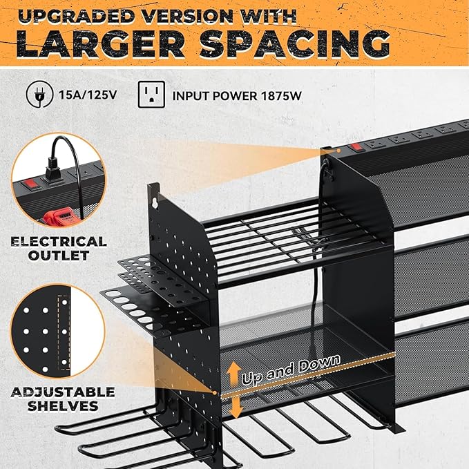 Upgrade Large Power Tool Organizer Wall Mount with Charging Station, 6.5FT Power Strip, 10 Drill Holders, and Storage Rack for Garage Organization