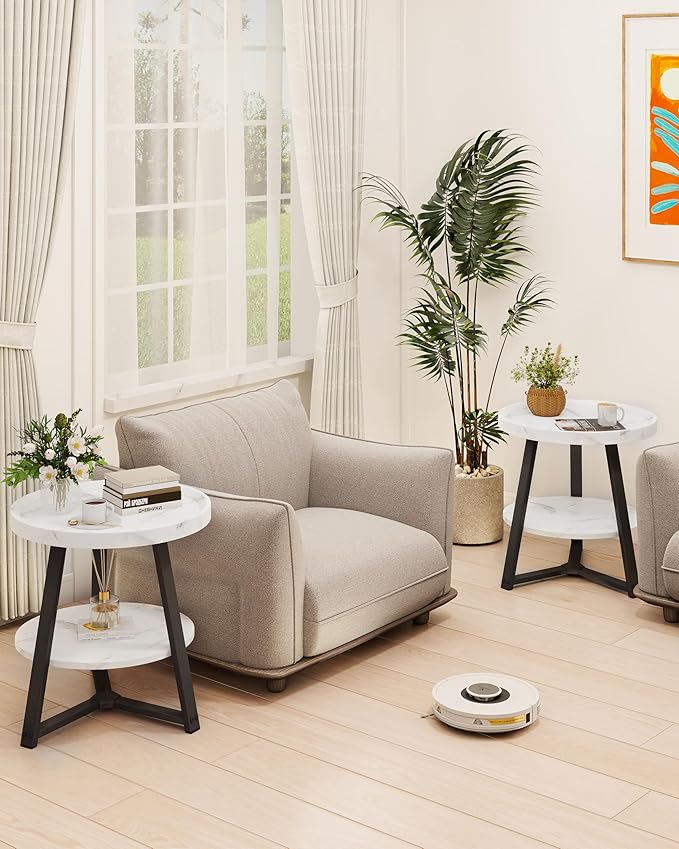 Small Round End Table, 2-Tier Side Table with Storage, Small Round Coffee Table for Living Room, 20'' Living Room Furniture with Sturdy Steel Frame (White Marble)