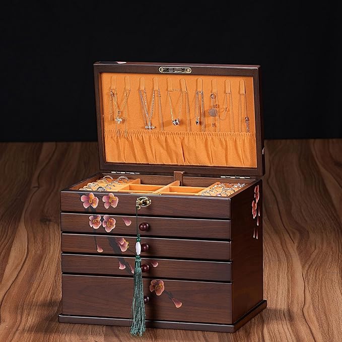 Vintage Wooden Jewelry Boxes with Lock & Key - Hand-Painted Large Jewelry Organizer, 6-Layer jewelry organizers and storage, Rustic Tabletop Jewelry Storage Box for Women/Men