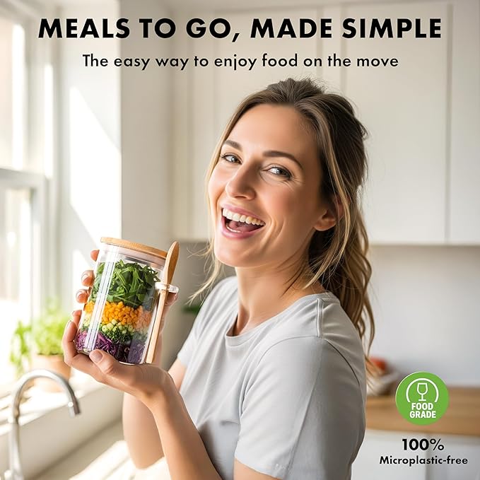 Overnight Oats Containers with Lids, Labels & Spoons (4 x 16oz) Glass Jars for Oatmeal, Meal Prep, Food Storage | Leak-Proof Mason Jars for Oats, Cereal, Yogurt, Chia Pudding [Thicker Glass 3mm]
