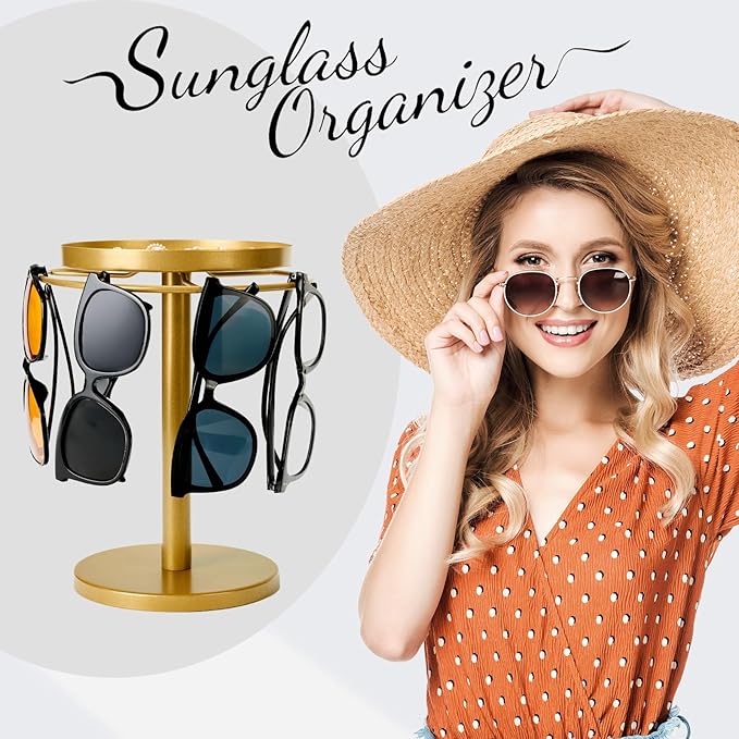MoyRetty 360° Rotating Sunglasses Organizer - Stainless Steel Glasses Holder Stand with Jewelry Tray, Home Decor for Desk, Dresser & Nightstand(Gold)