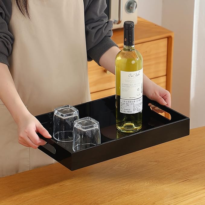 Black Oversize Acrylic Serving Tray with Handles 12x20 Inch -Spill Proof- Decorative Trays Countertop Organizer for Ottoman,Nightstand, Sidetable, Butler (12X20 Inch, Black)