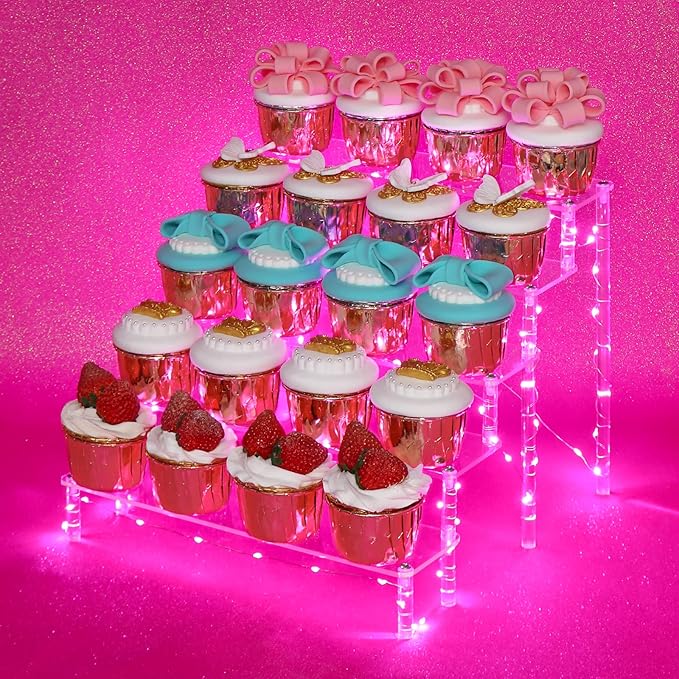 DIWNELEM 5 Tier Acrylic Risers - Acrylic Display Stands with Pink LED Light