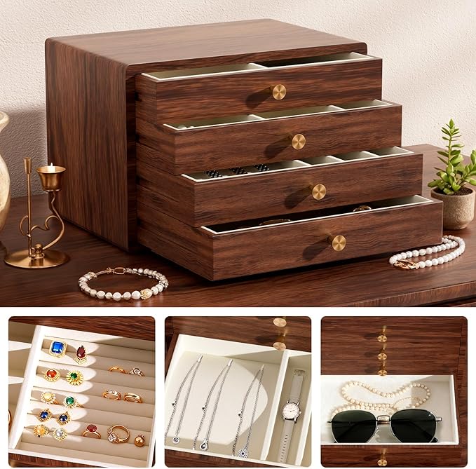 GENUINED Large Black Walnut Wooden Jewelry Box, High End Solid Wood Jewelry Organizer, Vintage Style for Watch Necklace Ring Earring Storage, Birthday Christmas Gifts for Women(4 Layer)