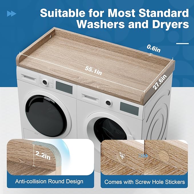 Washer Dryer Countertop 27.5" W x 54" L Laundry countertop for Storage and Organization with Edge Rails, Oak