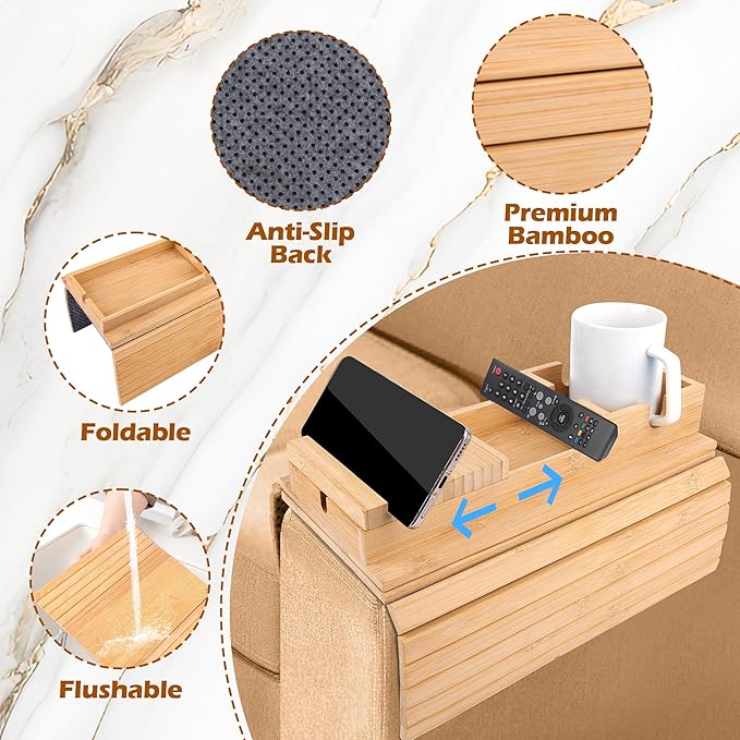 13.4" x 4.6" Couch Armrest Table, Foldable Bamboo Tray with Cup Holder Sofa Arm Tray Multi-Functional Stand, Used to Hold Water Cups, Mobile Phones and Remote Controls