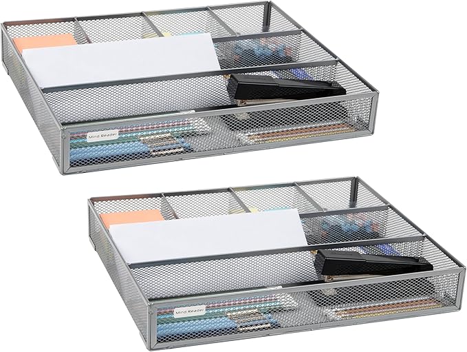 Mind Reader Drawer Organizer, Desk Org, Utensil Organizer, Office, Kitchen, Metal Mesh, Set of 2, Silver