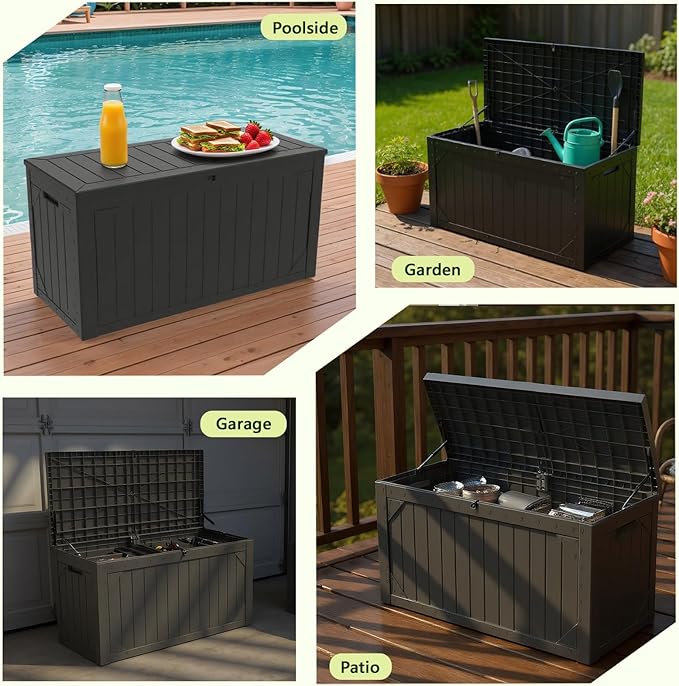 TARKARI 100 Gallon Lockable Resin Deck Box, Waterproof & UV-Resistant Outdoor Storage Box for Outdoor Cushion Storage, Garden Tools & Pool Accessories Storage, Black