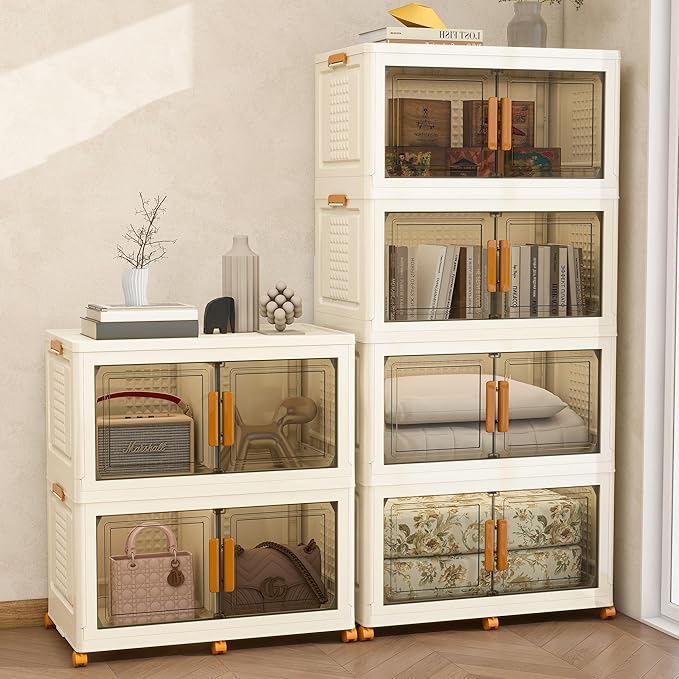 Plastic Stackable Storage Bins with Lids and Wheels, Foldable Closet Organizers and Storage Containers, Collapsible Clear Drawer Storage Cabinet with Doors Ivory White 720 QT