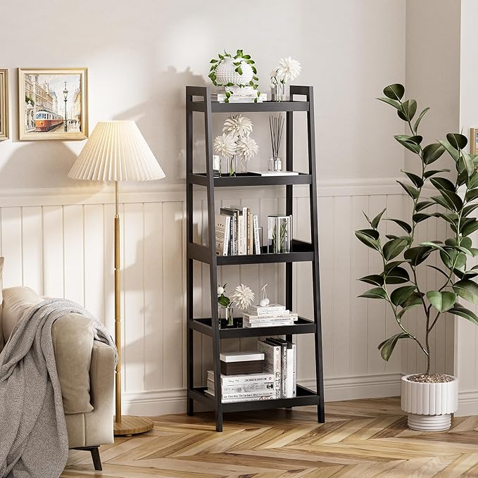 Bookshelf, 5 Tier Ladder Bookcase with Bamboo Frame, Freestanding Tall Narrow Display Plant Shelf for Living Room, Kitchen, Bedroom, Balcony, Black