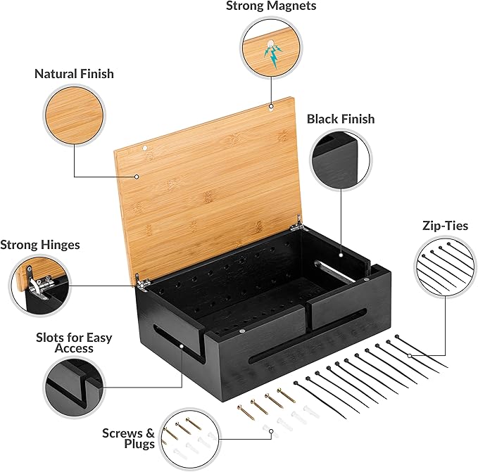 Bamboo Cable Management Box with Magnetic Lid & Ties - Elegant, Durable Cable Organizer to Hide Cords & Power Strip - Wall Mountable Box Hider for Home, Office, Desk & More (Black)