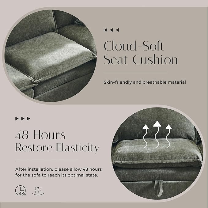 88.98" Sectional Couches for Living Room, Cloud Couch Sectional with Large Storage, L-Shape Modular Sectional Sofa with Ottoman, 4 Seater Chenille Sofa with Pillow for Apartment, Bedroom, Green