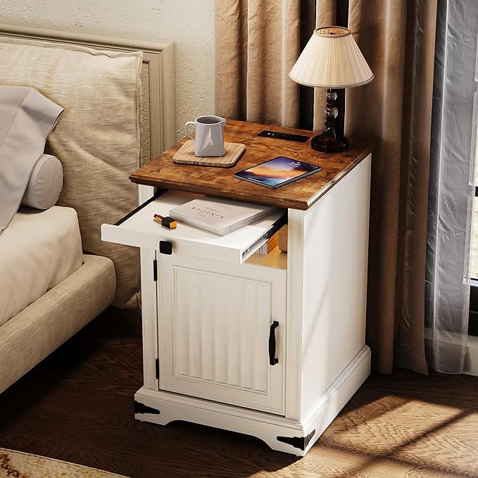 IRONCK Farmhouse Nightstand with Charging Station and LED Light, Wood Side Table with Storage Cabinet & Open Shelf，Bedside Table with Pull-Out Shelf for Bedroom, White