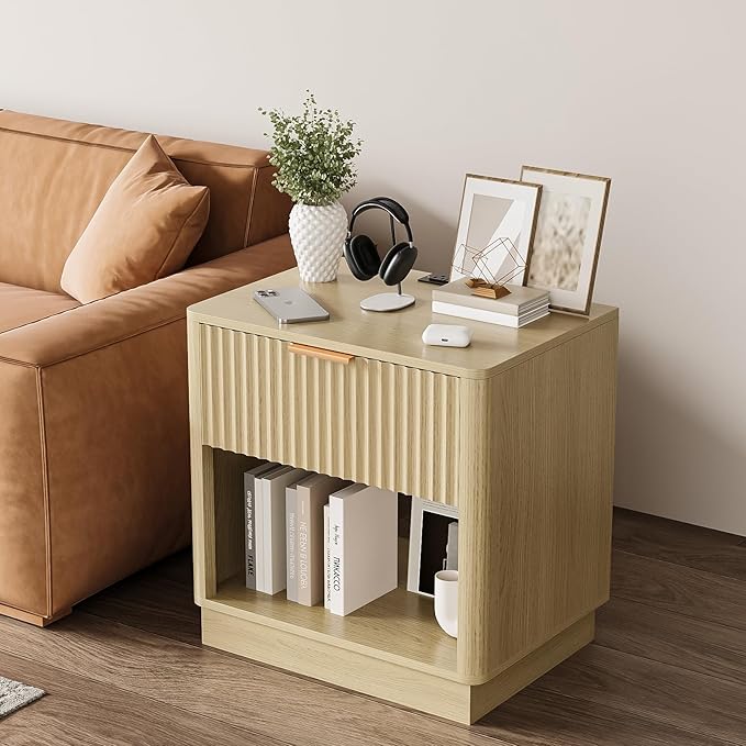 Fluted Nightstand with Charging Station Modern Bedside Table with Drawer and Open Shelf Mid Century End Table with Storage for Bedroom Living Room Sofa Office