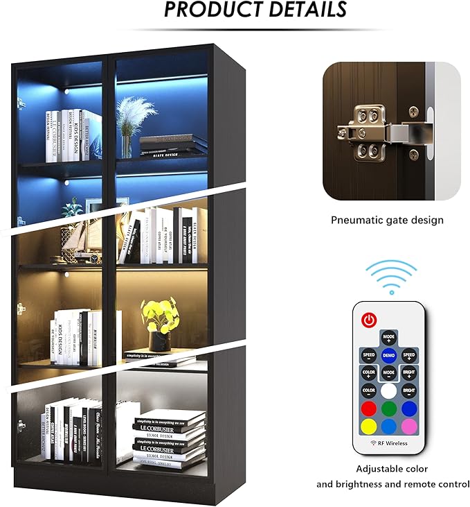 63'' Tall Glass Display Cabinet with LED Lights,Showcase with Glass Doors,4-Tier Curio Cabinet for Collectibles Bookcase,Storage Shelf, Bookcase(Black- 4 Layers, Large)