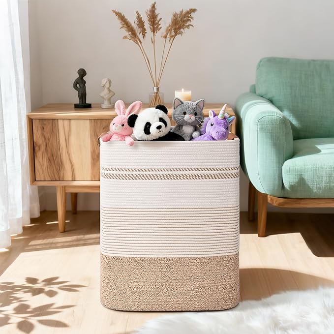 Laundry Hamper, 85L Tall Laundry Basket with Leather Handles, Rectangle Large Clothes Hamper for Organizing, Cotton Woven Laundry Baskets Storage Hampers for Bedroom, Nursery, Living Room