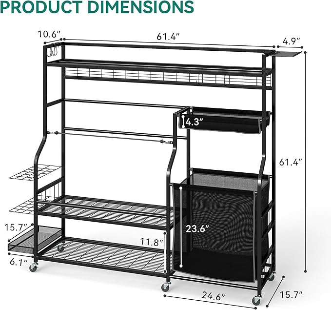 YITAHOME Multi-Functional Sports Organizer for Garage, Golf Gear Storage Rack for 3 Bags and Clubs, Ball Storage Bins with Wheels, Multi-Layer Sports Equipment Rack with Hooks
