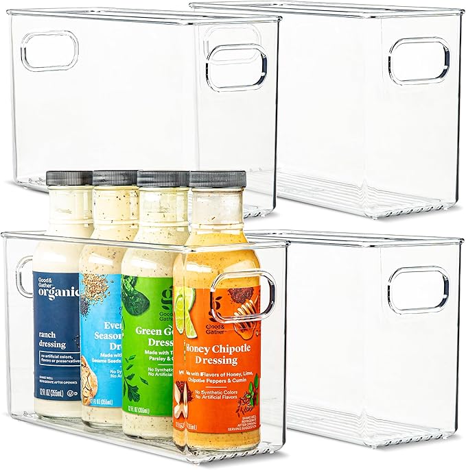 primebox Plastic Food Storage 4 Pack Clear Container Bin with Handles for Organizing Kitchen, Pantry, Refrigerator, Freezer, Pantry, Cabinet, Closet, Bathroom. 10”x4”x6”