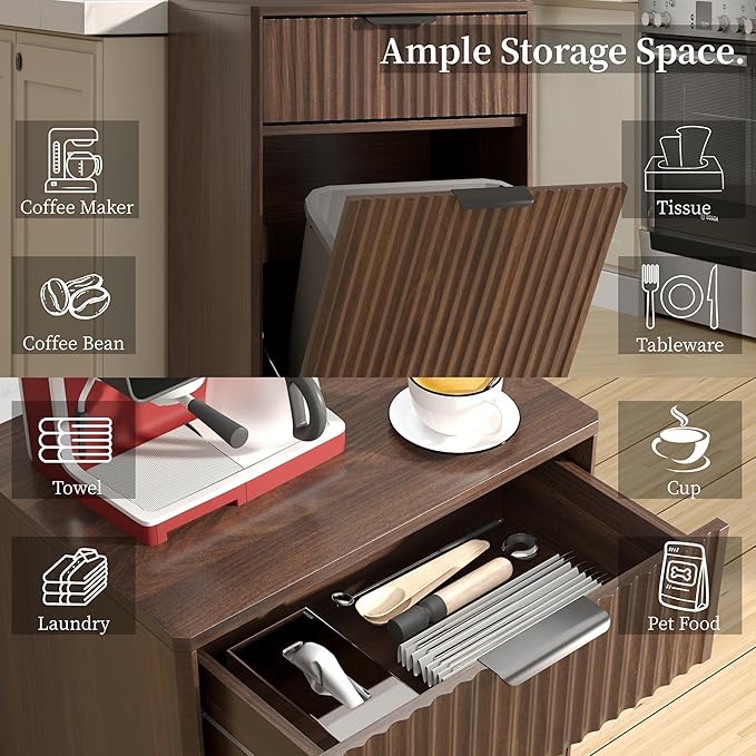 Tilt-Out Trash Cabinet with 10-Gallon Capacity, Walnut Laundry Hamper Cabinet, 34.3 x 19 x 13.8 inches, Wave-Textured Front.
