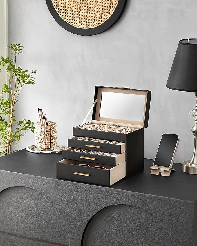 SONGMICS Jewelry Box Organizer with Glass Lid, 4-Layer Jewelry Storage, with 3 Drawers, Modern Style, Christmas Gift, 6 x 9.9 x 8.5 Inches, Graphite Black and Gold Color UJBC161B02