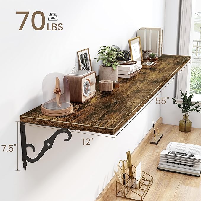 Fun Memories 55 Inch Floating Shelves, Long Floating Shelves Wall-Mounted, 12 Inch Deep Bookshelf with Bracket, 55" W x 12" D Shelves for Wall Display & Storage, Rustic Brown, Set of 2