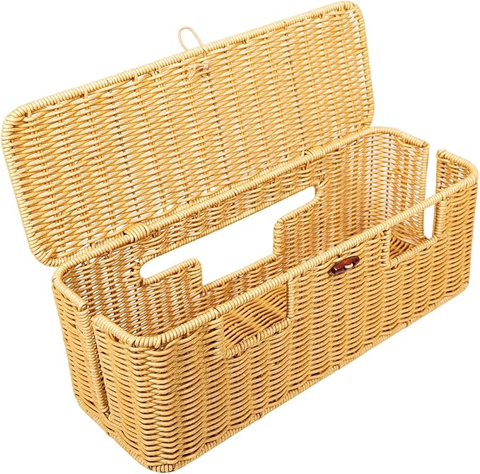 Longer Cable Management Box, 16In Handwoven Cord Management Box with 5 Slots, Floor Cord Hider Boxes for Power Strip and Wire, Cable Organizer Boxes with Lid for Desk, Floor, Office, Living Room