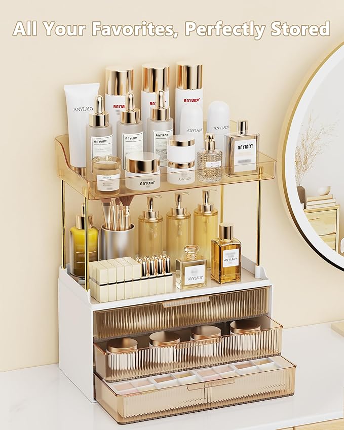 Bathroom Organizers and Storage, Makeup Organizer (Sturdy Durable Attractive), Ideal for Vanity, Countertop, Counter, Perfume, Skincare, Cabinet, Cosmetic, Dresser Organizer (Gold)