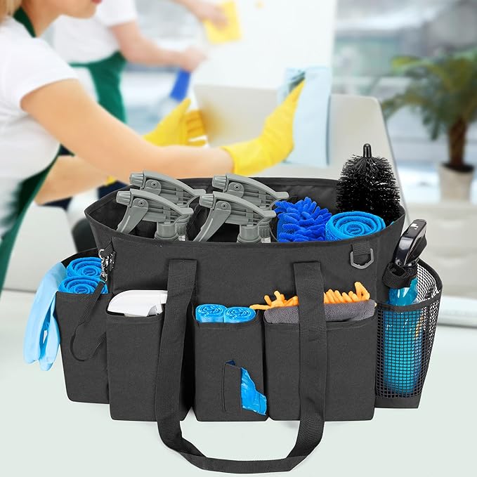 LoDrid Professional Cleaning Tote Caddy for Cleaning Supplies, Cleaning Bag Organizer with Dividers and Handle Strap for Housekeepers Work, Black, (Bag Only)