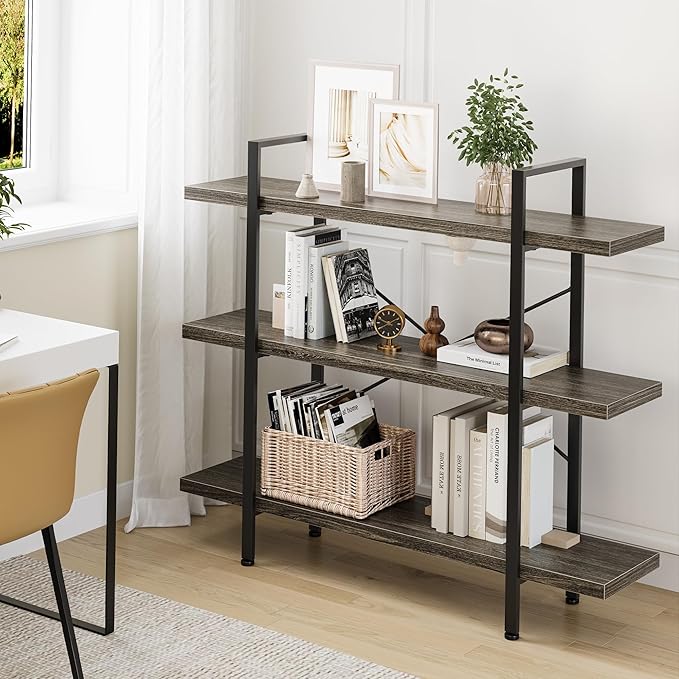 Heavy Duty 3-Tier Industrial Bookcase, 39" Wide Wood Bookshelf for Home Office, 120lbs Shelf Capacity, Rustic Shelving Display with Reinforced Horizontal Shelf for Living Room Bedroom, Grey