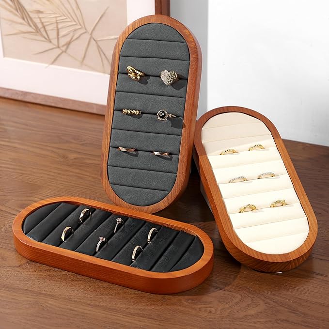 Small Jewelry Rings Display Tray Solid Wood Jewelry Display Organizer Tray for Rings Stud Earrings(Beige)
