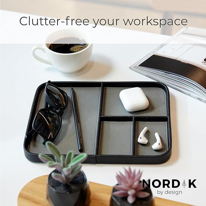 Nordik Leather Valet Tray - Pebble Black - 9.5 x 7.9 Inch Medium Vegan Leather Tray - Stylish Nightstand Organizer for Men - Modern Bedside Caddy - EDC Catchall for Key Watch Wallet Jewellery