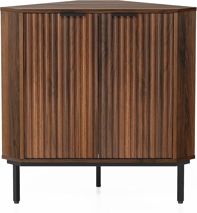 Fluted Corner Cabinet, Modern Small Corner Floor Cabinet with 2 Doors and 2-Tier Shelves, Freestanding Narrow Organizer for Living Room Kitchen Bathroom, Brown