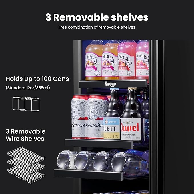 Yeego 15 Inch Beverage Refrigerator – 100 Can Mini Fridge with Glass Door, 34-54 ℉ Built-In Freestanding or Under Counter Beverage Cooler for Drink Soda Wine - For Home Bar Office