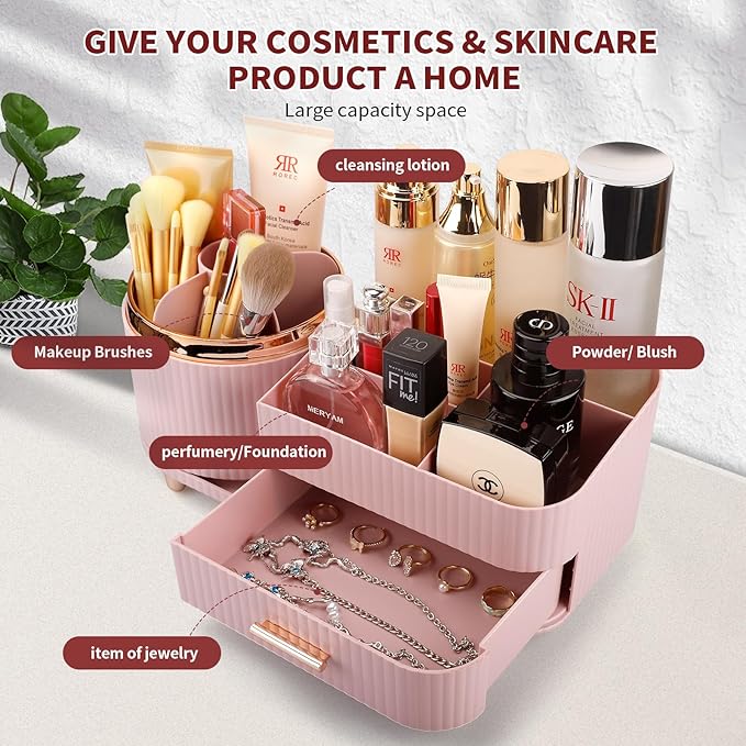 Makeup Organizer for Vanity, Cosmetic Display Case with Drawers, Fits Makeup, Skincare Products, Brushes, Lipsticks, and Other Accessories, Versatile Storage Solution (Pink)