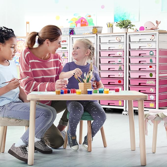 Rolling Cart with Drawers,10 Drawer Rolling Cart,Storage Cart,Utility Cart,Teacher Cart for Classroom Storage,Craft Cart with Wheels and Wooden Tabletop,Pink