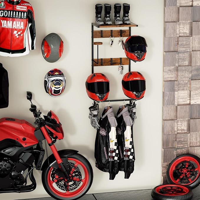 Urban Deco Motorcycle Helmet Holder Wall Mount, Helmet Rack with 4 Hat Stands, Helmet Stand for Display Wall Mount, Motorcycle Accessories Gear Storage for Men, Large