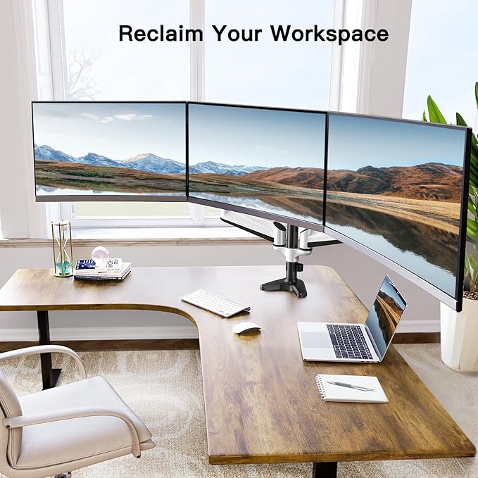 HUANUO Triple Monitor Stand - Full Motion Articulating Monitor Mount Fit Three 17 to 32 inch LCD Computer Screens with Clamp, Grommet Kit