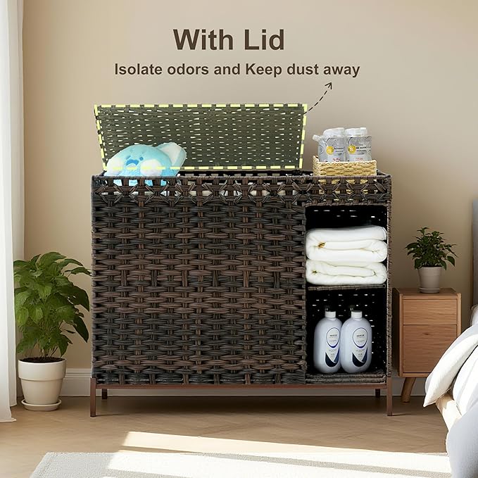 Laundry Hamper with Lid, 130L(34.4 Gal) Rattan Laundry Hamper 3 Section with 50L (13.2 Gal) Storage Shelf, Wicker Woven Laundry Sorter Basket with 4 Liner Bags and Handles, Brown GLH003BR