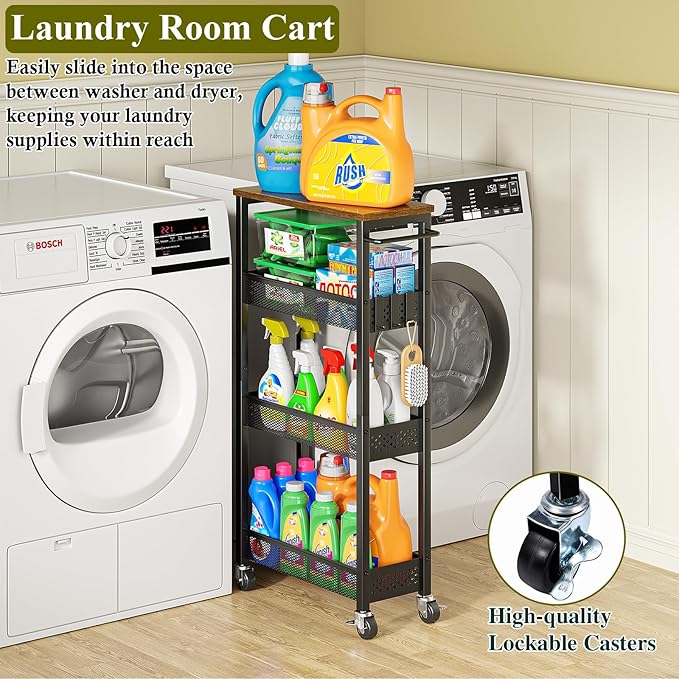 Utility Slim Storage Cart, 4 Tier Small Rolling Kitchen Laundry Room Cart with Wood Top, Metal Narrow Bathroom Storage Cabinet Mobile Shelf Unit Organizer Trolley with Handle for Narrow Space